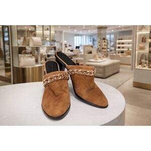 Rebecca Minkoff Galiyah Suede Chain Mule Heels Saddle Brown 3.25” Heel Women Fun